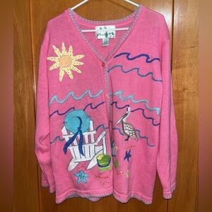 Vintage Quacker Factory Cardigan Sweater Pink Beach Pelican Chair Large